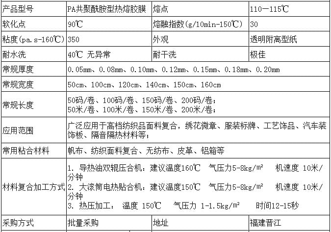 PA热熔胶膜参数